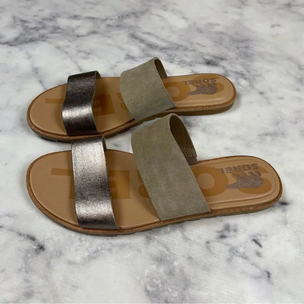 Sorel Ella II Suede Metallic Double Strap Slide Sandals NWOB Sz 8